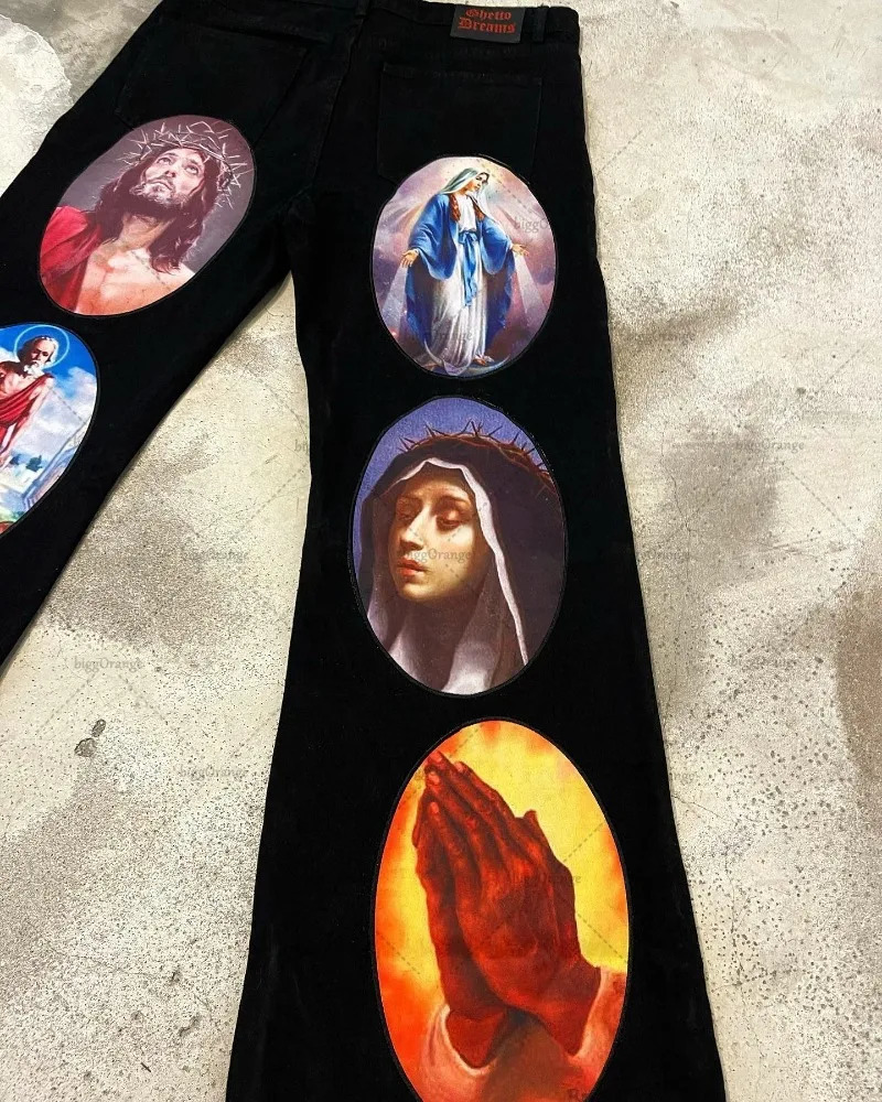 European and American Trousers Virgin Print Black Oversized Jeans Men Y2K Street Hip-hop Retro Straight Wide-leg Pants Women 231229