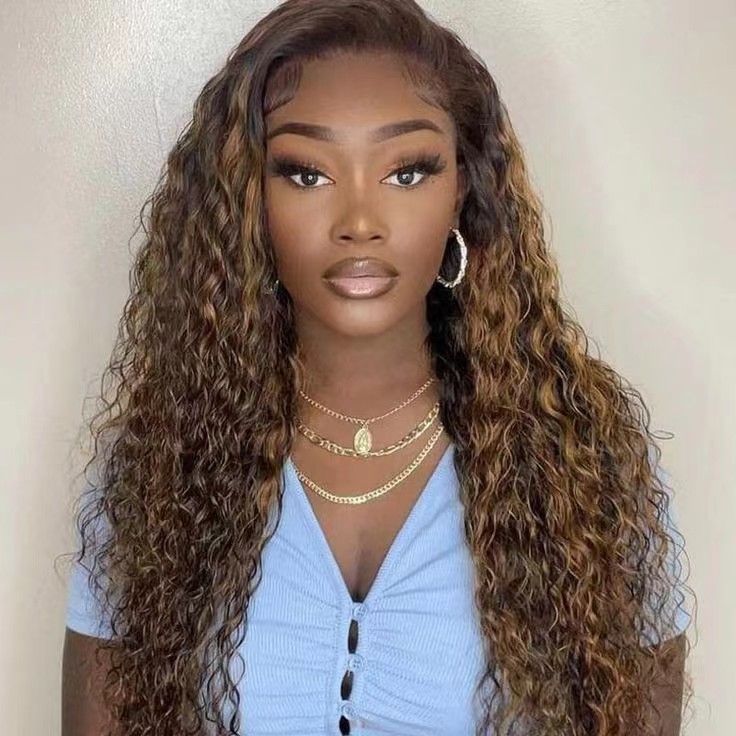 Highlighted deep wave wig with blonde highlights 4/27 deep curly wave ombre piano colored wig human hair front lace wig for black women
