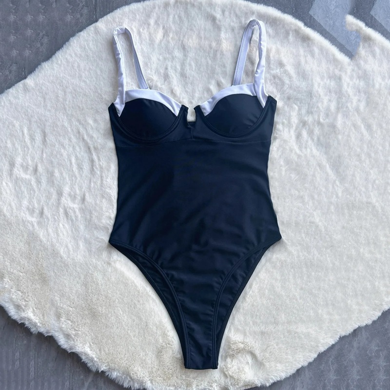ARXIPA Sexy 1 Piece Swimsuit for Women Underwire High Cut Bathing Suit Padded Push Up Beachwear U Neck Patchwork Black White One Piece Swimwear