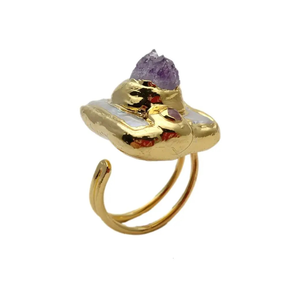 Y.YING Freshwater Cultured White Square Pearl Purple Amethyst Druzy Ring Adjustable 231229