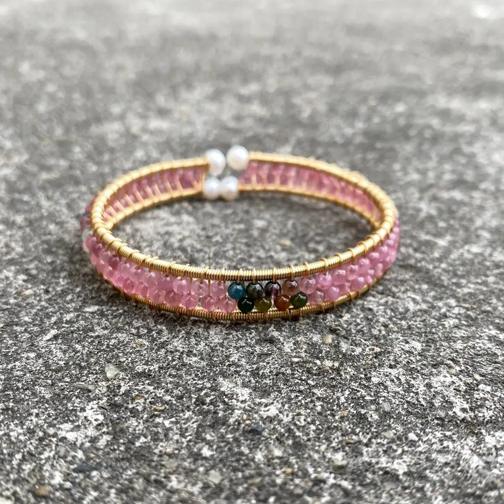 Y YING Natural Pink Tourmaline White Pearl Handmade Bracelet Adjustable Bangle 231229