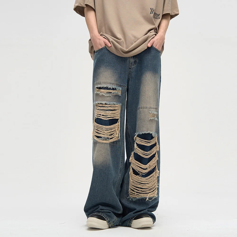 Men's Ripped Black Jeans Harajuku Wide Leg Pants Denim Baggy Y2K Cargo Pants Streetwear Koean Style Clothes Gothic 231229