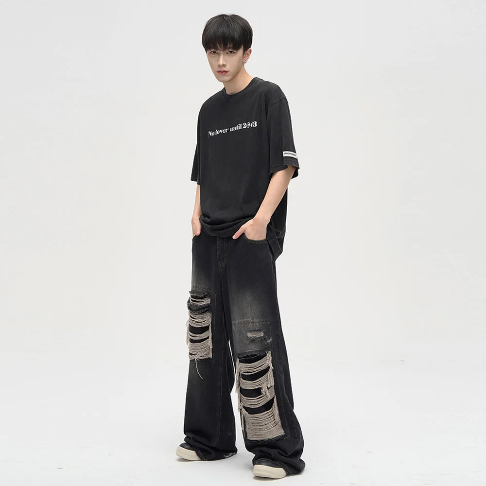 Men's Ripped Black Jeans Harajuku Wide Leg Pants Denim Baggy Y2K Cargo Pants Streetwear Koean Style Clothes Gothic 231229