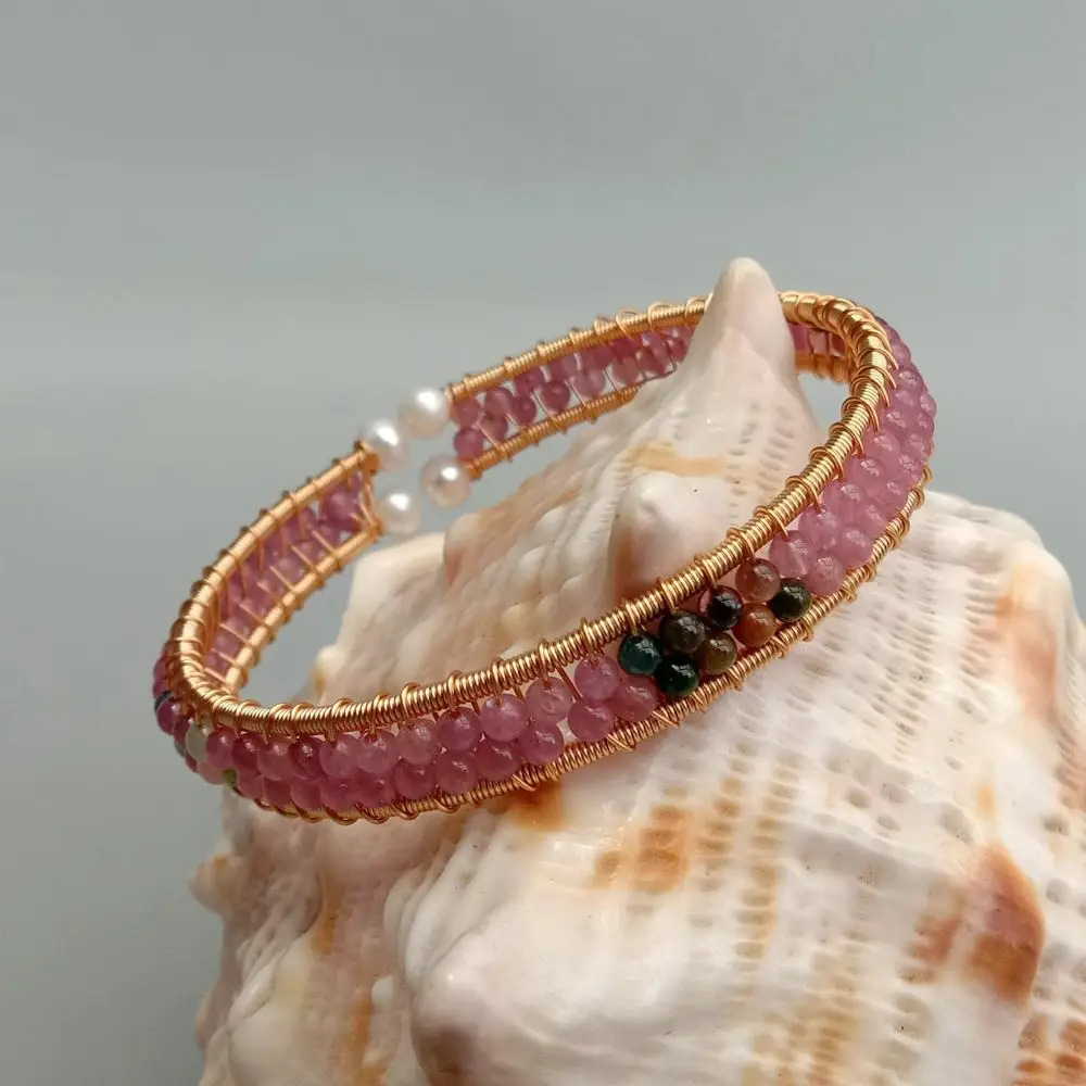 Y YING Natural Pink Tourmaline White Pearl Handmade Bracelet Adjustable Bangle 231229