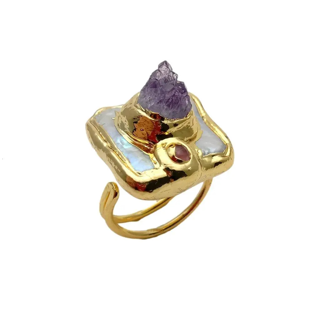 Y.YING Freshwater Cultured White Square Pearl Purple Amethyst Druzy Ring Adjustable 231229
