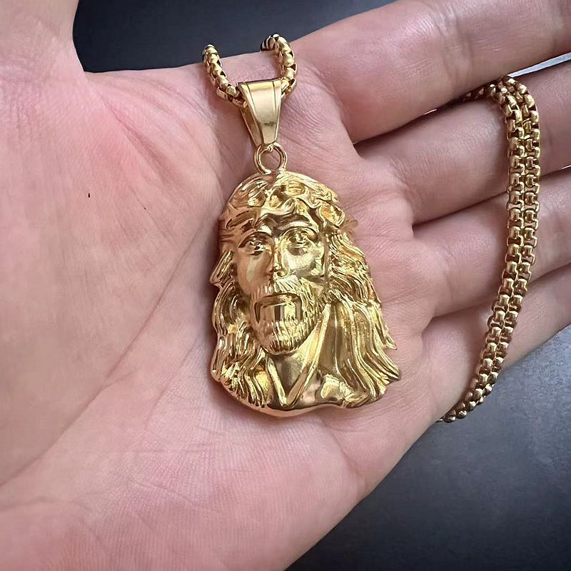 Hip Hop Jesus Face Pendant Necklace Full Zircon Real Gold Plated Religious Jewelry