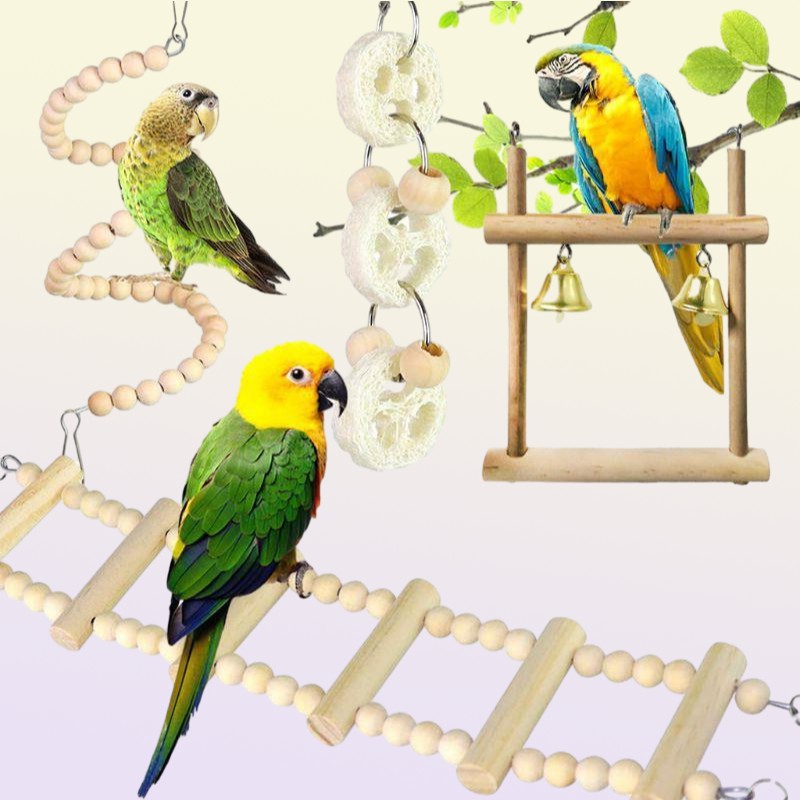 Other Bird Supplies 8PcsSet Parrot Toys Wooden Hanging Swing Hammock Climbing Ladders Perches Toy Parakeet Cockatiels Cage C42Oth3936561