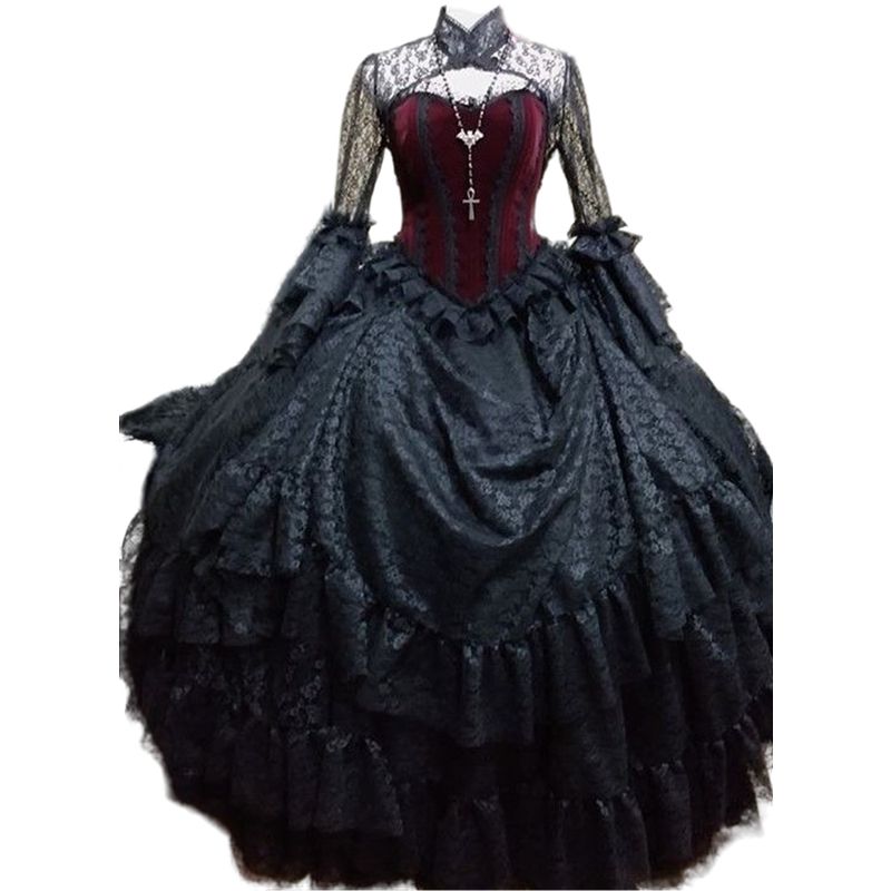 Burgundy And Black Victorian Prom Dresses Ruffles Lace Ball Gown Vintage Evening Dress Floor Length Gothic Velvet Special Occasion Gowns For Women Bac