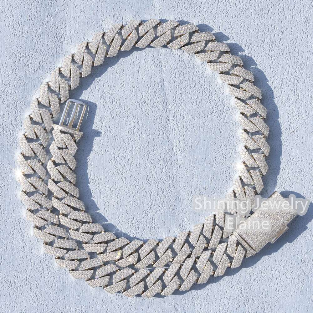 Necklace moissanite chain cuban link chainHand Setting 20mm Width Three Rows Vvs Moissanite Silver 925 Womens Gold Plated Cuban