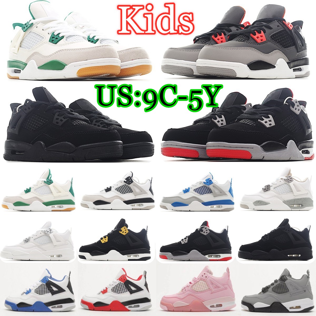 Kids Shoes toddler Sneakers 4s boys girls White Oreo Green Blue Black Cat Pure Money Infants Sport Basketball Shoes