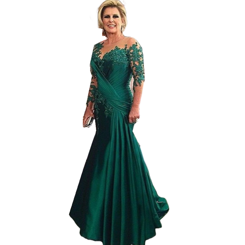 Elegant Emerald Green Mother Of The Bride Dresses Long Sleeves Mermaid Wedding Guest Gowns Beaded Lace Appliques Pleats Formal Evening Dress For Women