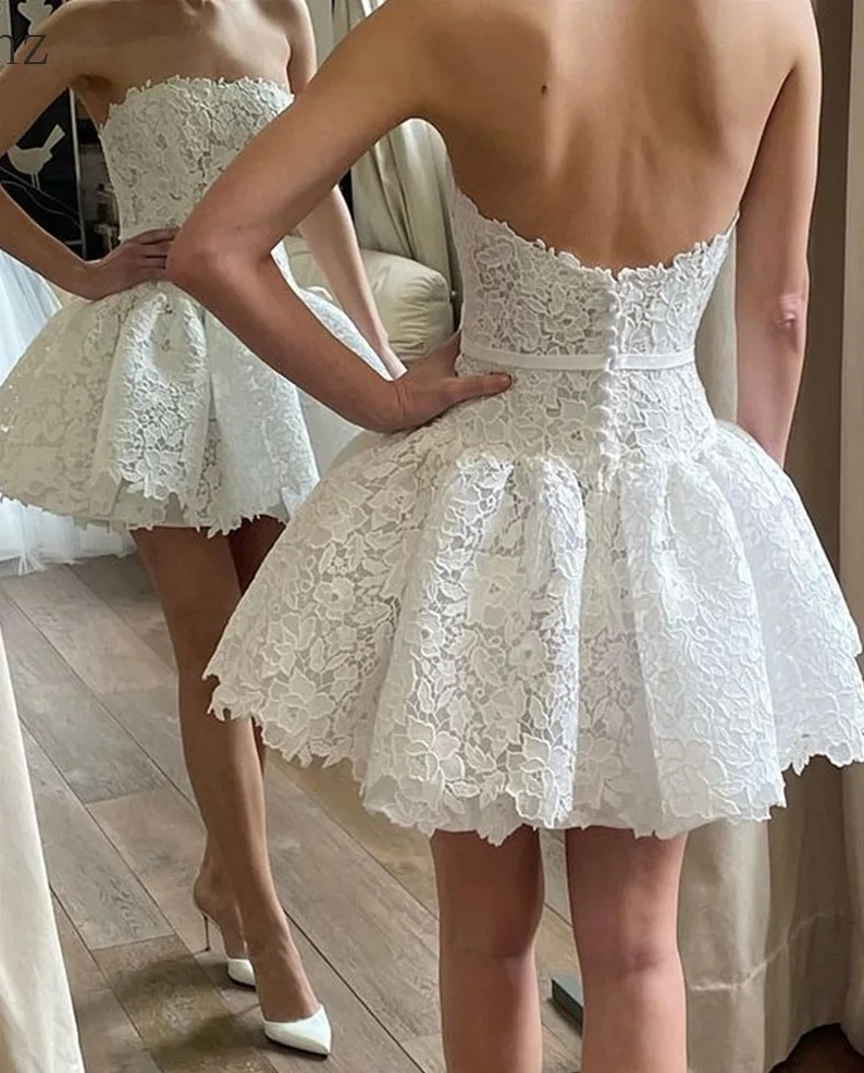 2025 NEW Short lace Wedding Dress Strapless A Line Backless Birthday Bride Party Night Gowns Vestidos De Novia Robes De Mariage