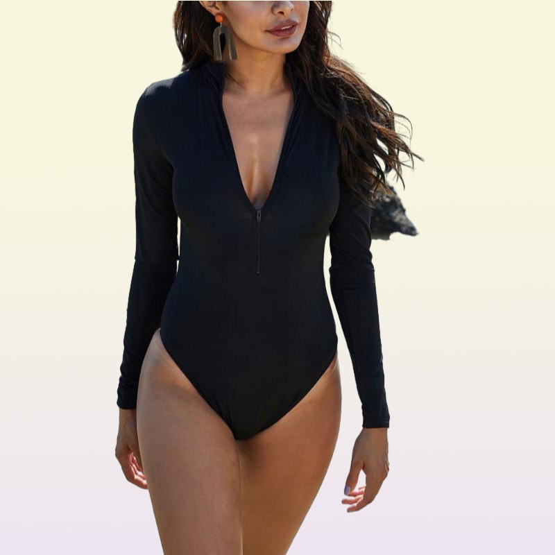 Long Sleeve Rash Guard Women Swimwear Zipper One Piece Swimsuit High Neck Surf Suit Black Dive Bodysuit Beachwear