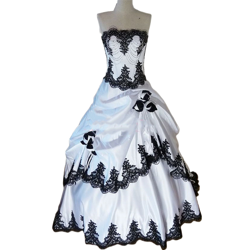Black And White Gothic Wedding Dress Ruched Satin Long Bridal Gowns Lace Appliques Beading Vintage Victorian Women Formal Dresses Handmade Wers Es Hma