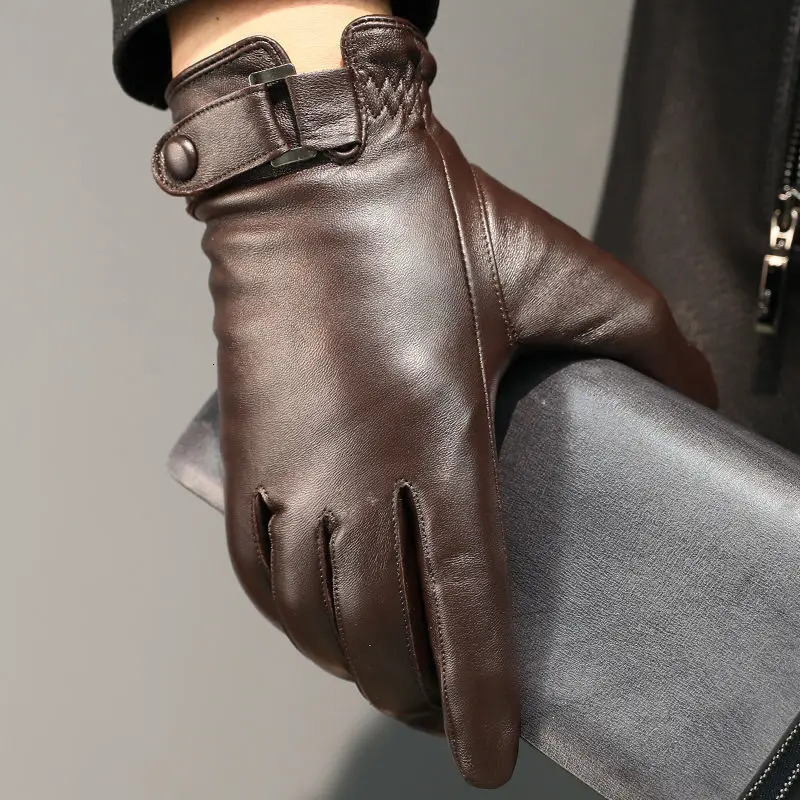 Winter Men Sheepskin Leather Gloves High Quality Keep Warm Touch Screen Windproof Driving gants moto Cycling Gloves Business240102