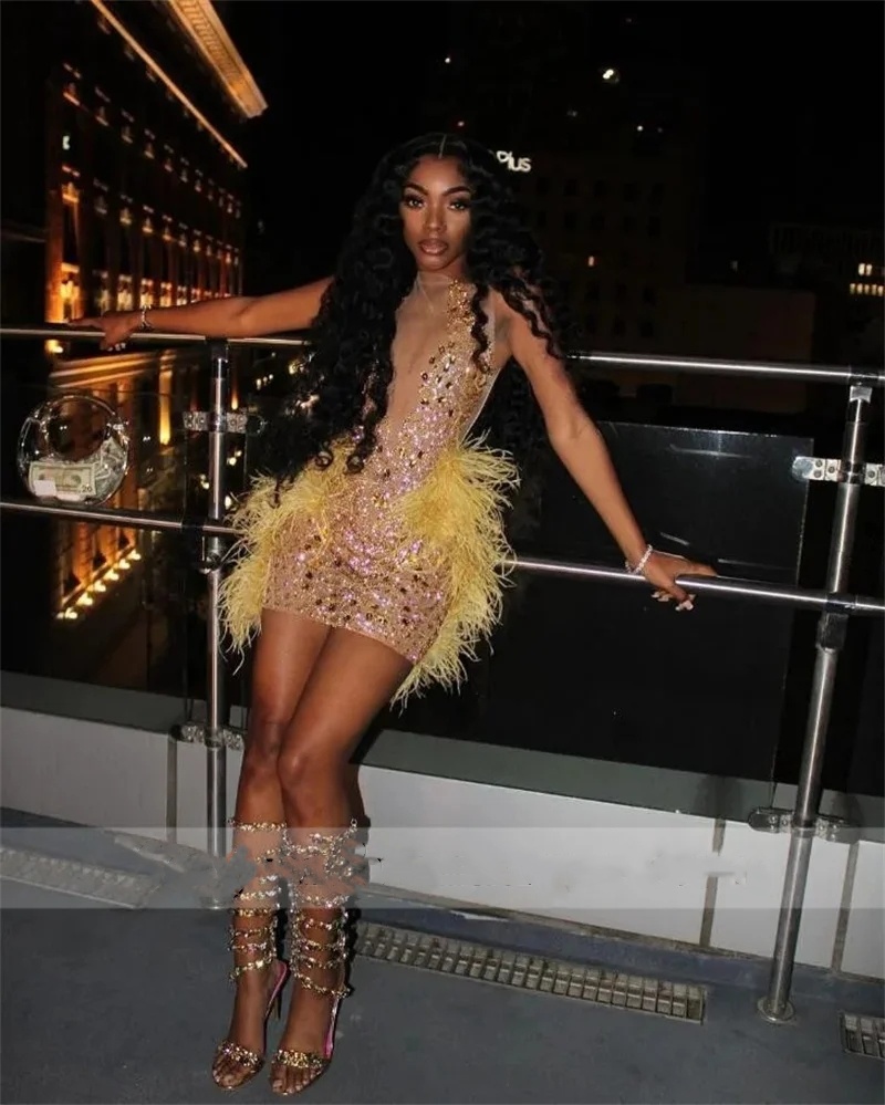 Pink Sparkly Mermaid Short Prom Dress 2024 Glitter Bead Crystals Rhinestones Feathers Tail Birthday Party Gown Robe De Bal