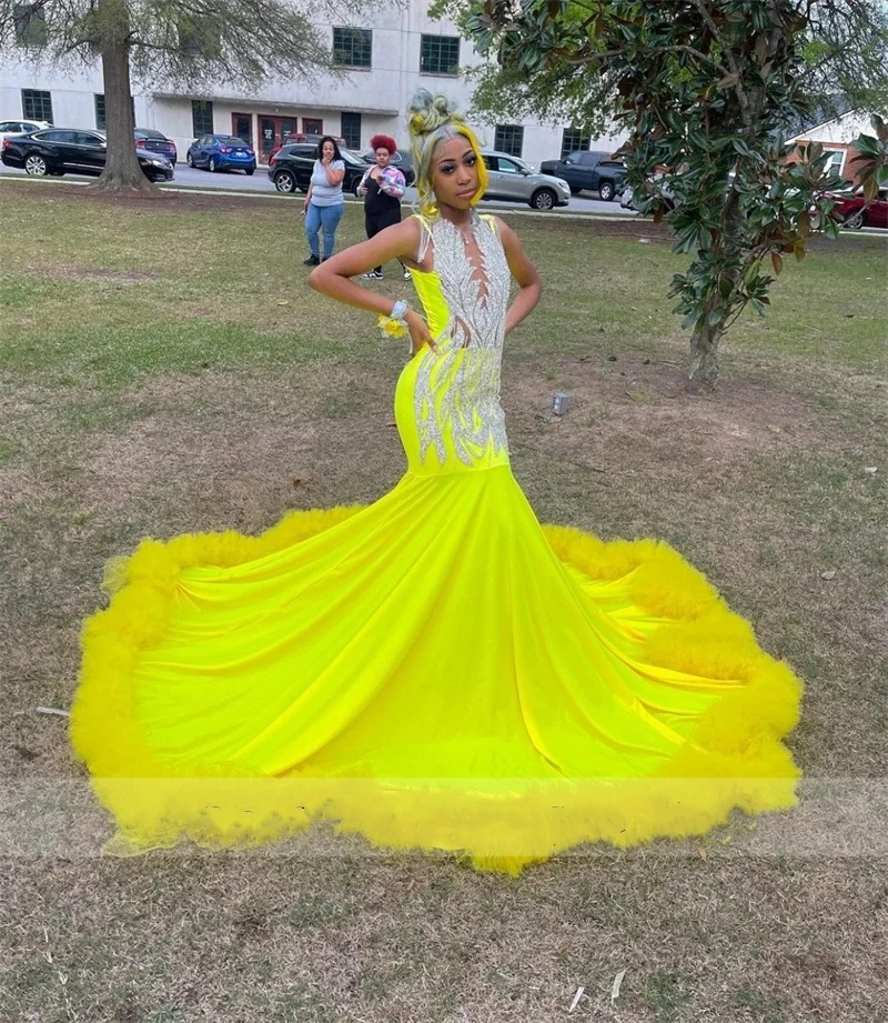Satin Long Prom Yellow Dress 2024 for Black Girls Beading Sequins Lace Ruffles Evening Birthday Party Gown Vestidos