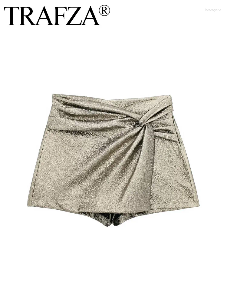 Women's Shorts TRAFZA 2024 Woman Knot Mini Skirt Gold Skort Pleated High Women Waist Short Skirts Chic Elegant
