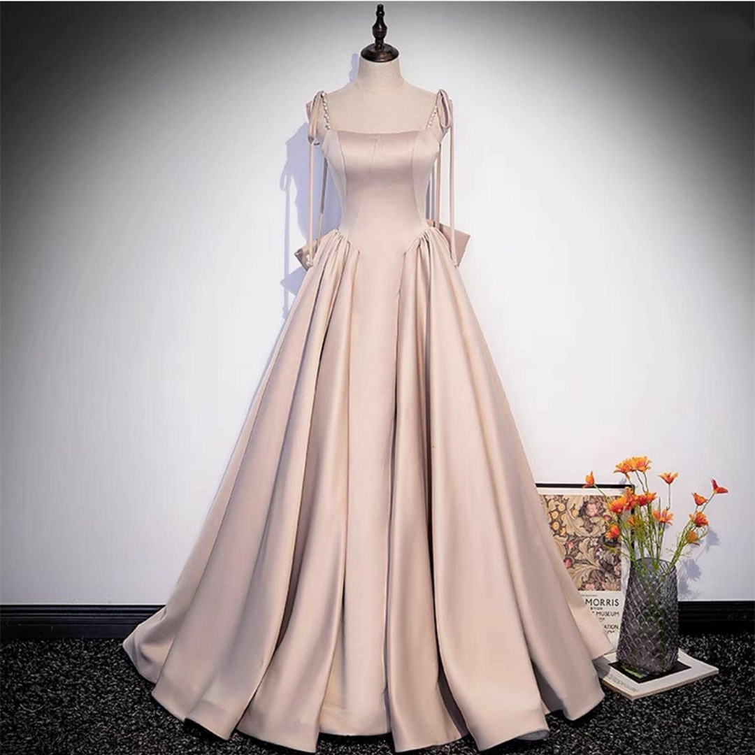 Vintage Long Pink Satin Prom Dresses With Pockets/Pearls A-Line Regular Straps Pleated Watteau Train Party Dress Maxi Formal Evening Dresses for Women