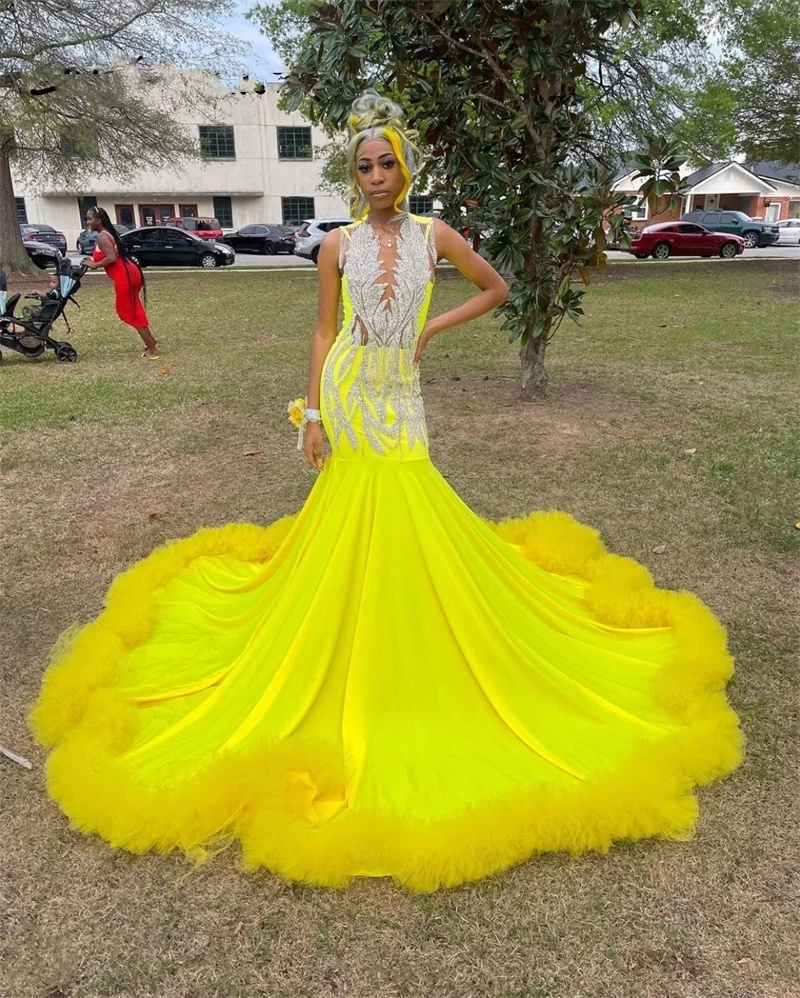 Satin Long Prom Yellow Dress 2024 for Black Girls Beading Sequins Lace Ruffles Evening Birthday Party Gown Vestidos