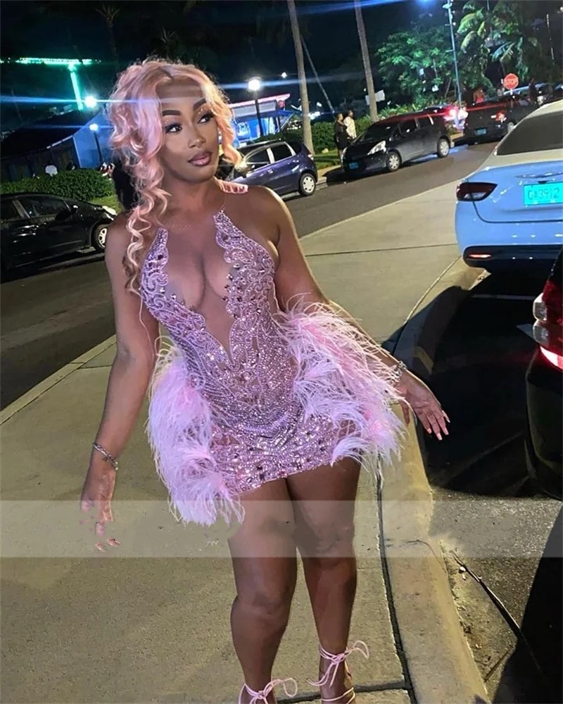 Pink Sparkly Mermaid Short Prom Dress 2024 Glitter Bead Crystals Rhinestones Feathers Tail Birthday Party Gown Robe De Bal