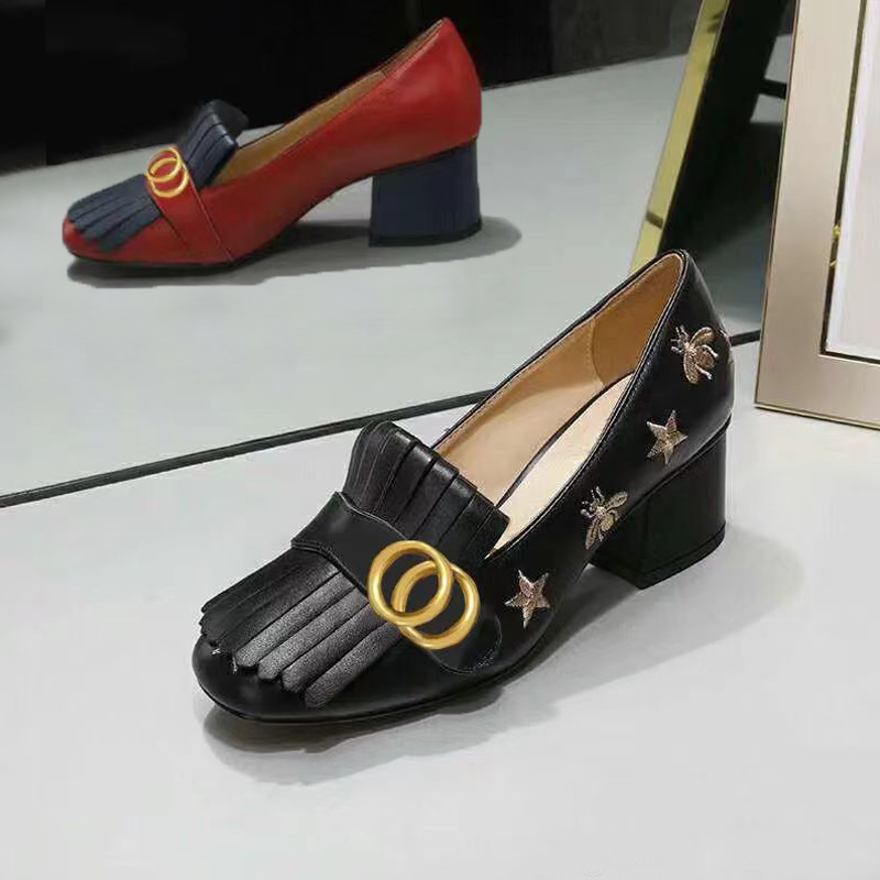 Formal dress shoes Designer womens shoes Mid heeled boat shoe leather Thick heel high heels 100% cowhide Tassels Round head Metal Button women shoe size 35-42 us4-us11