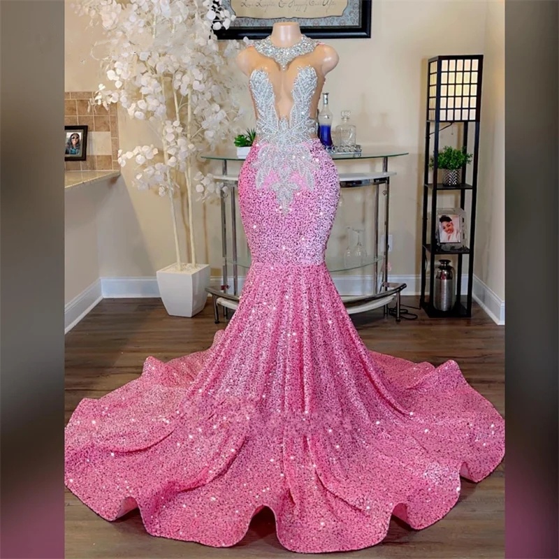 Glitter Pink Mermaid Prom Dress For Black Girls Sparkly Crystal Rhinestones Beading Birthday Party Homecoming Sequins Gowns