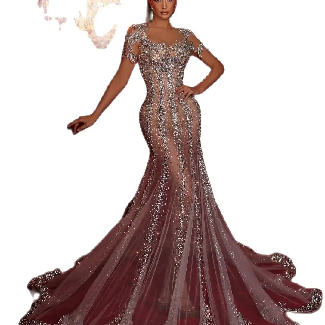 Sexy Short Sleeve Mermaid Illusion Rhie Beading Bridal Dresses Shiny Crystal Wedding Gowns