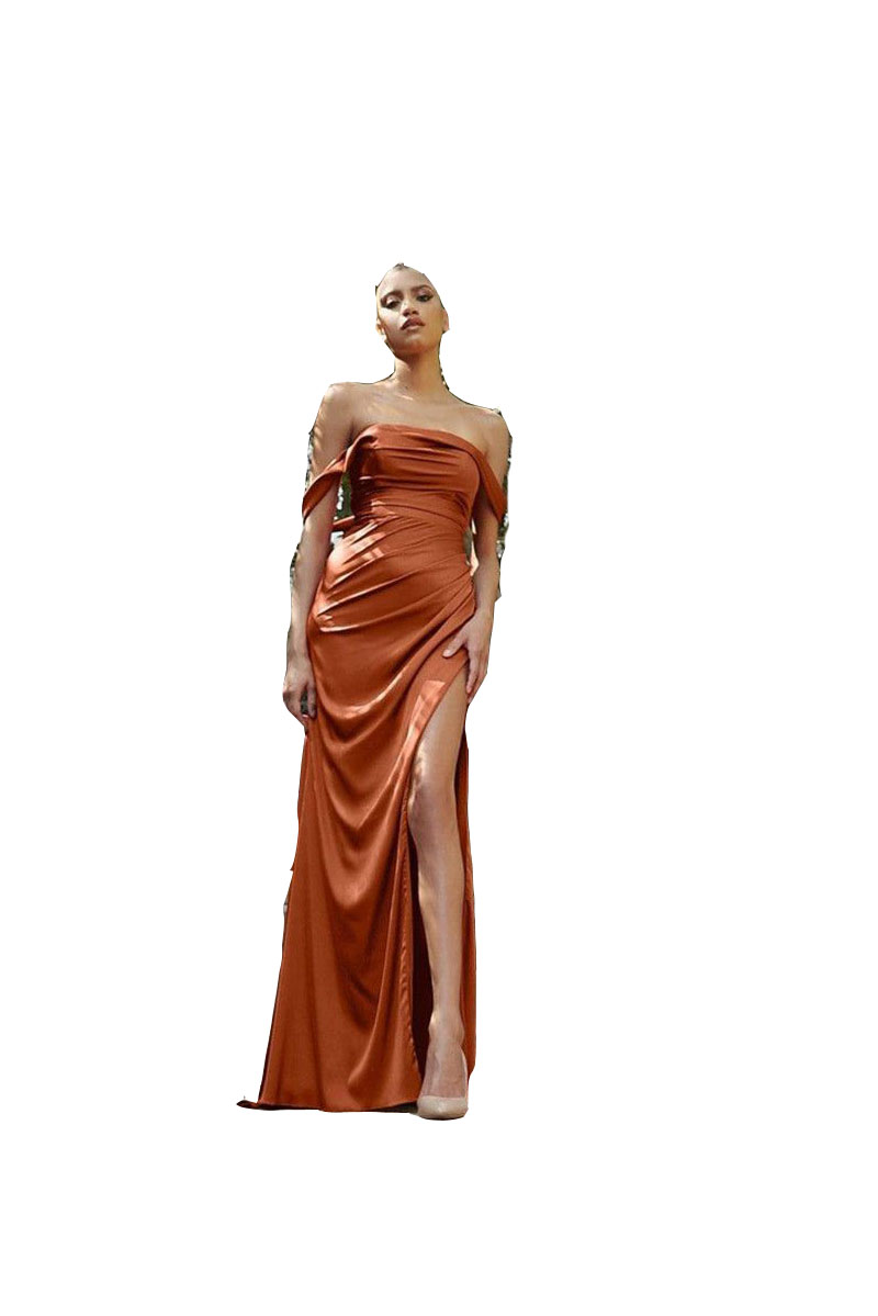 2024 Bridesmaid Dresses Dark Orange For Weddings Off Shoulder Side Split Satin Plus Size Long Formal Maid of Honor Gowns Wedding Guest Wear Floor Leng
