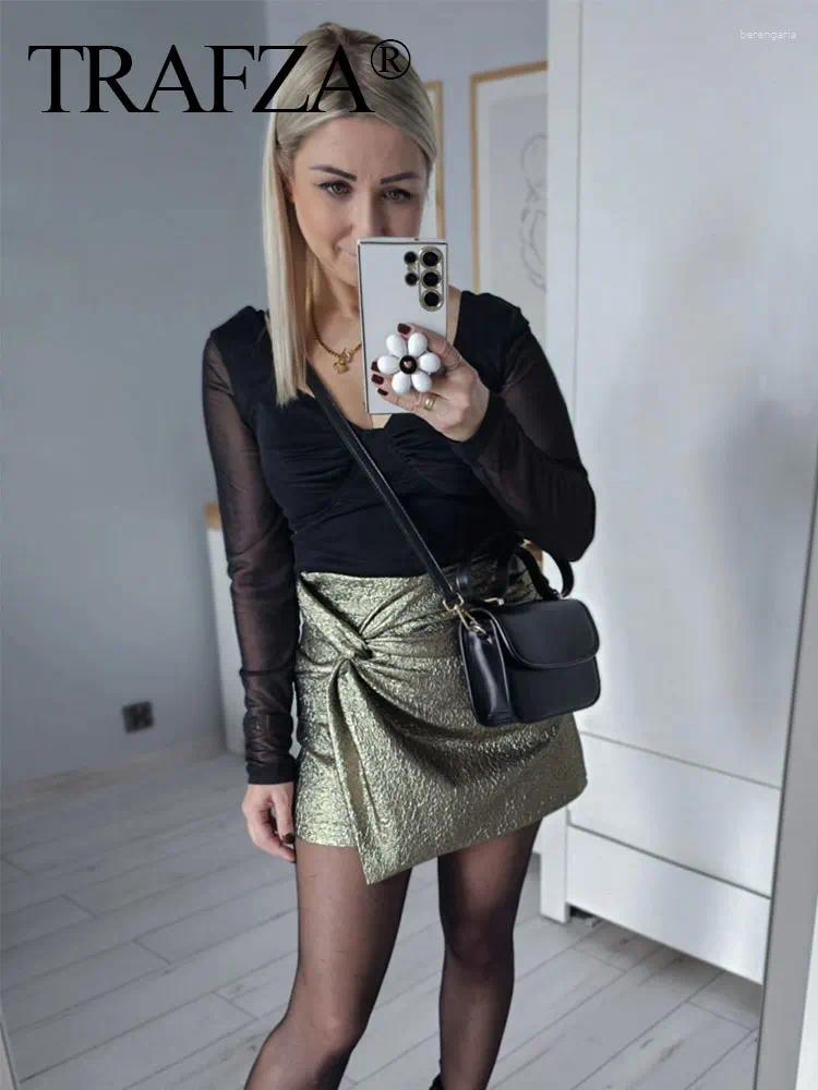 Women's Shorts TRAFZA 2024 Woman Knot Mini Skirt Gold Skort Pleated High Women Waist Short Skirts Chic Elegant