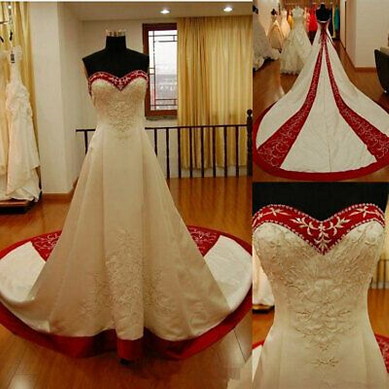 A Classic e Embroidery Wedding Dresses Long Train Sweetheart Neck Corset Chapel Bridal Gowns Ivory and Dark Red Satin Bride Wear 2024