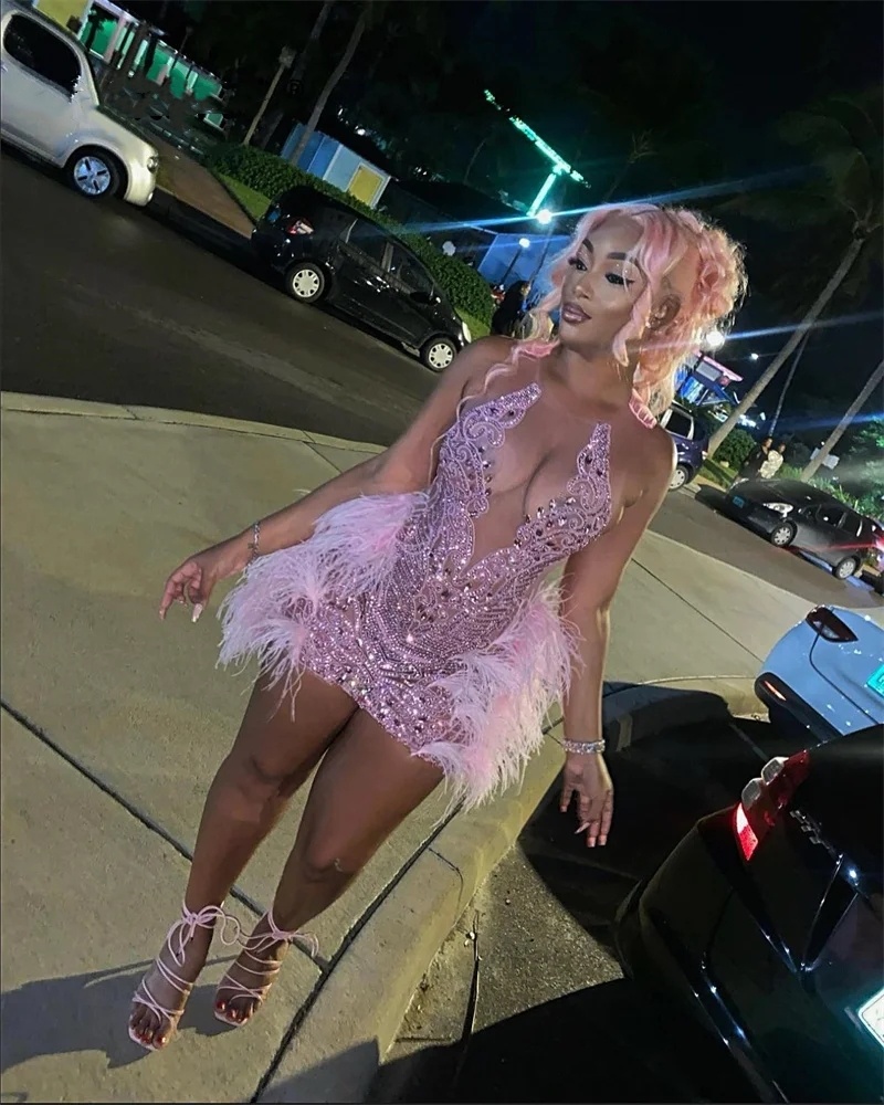 Pink Sparkly Mermaid Short Prom Dress 2024 Glitter Bead Crystals Rhinestones Feathers Tail Birthday Party Gown Robe De Bal