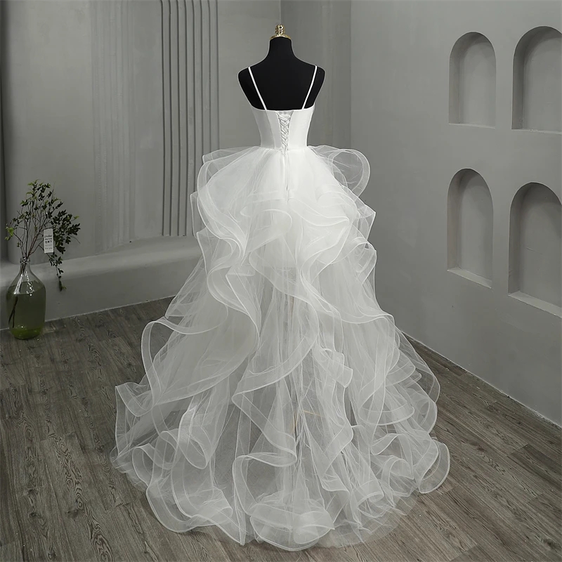 New Short Front Long Back Gothic White Wedding Dress 2024 Spaghetti Straps Deep V Neck High-Low Tulle Bridal Formal Party Gowns Vestidos De Novia 0219