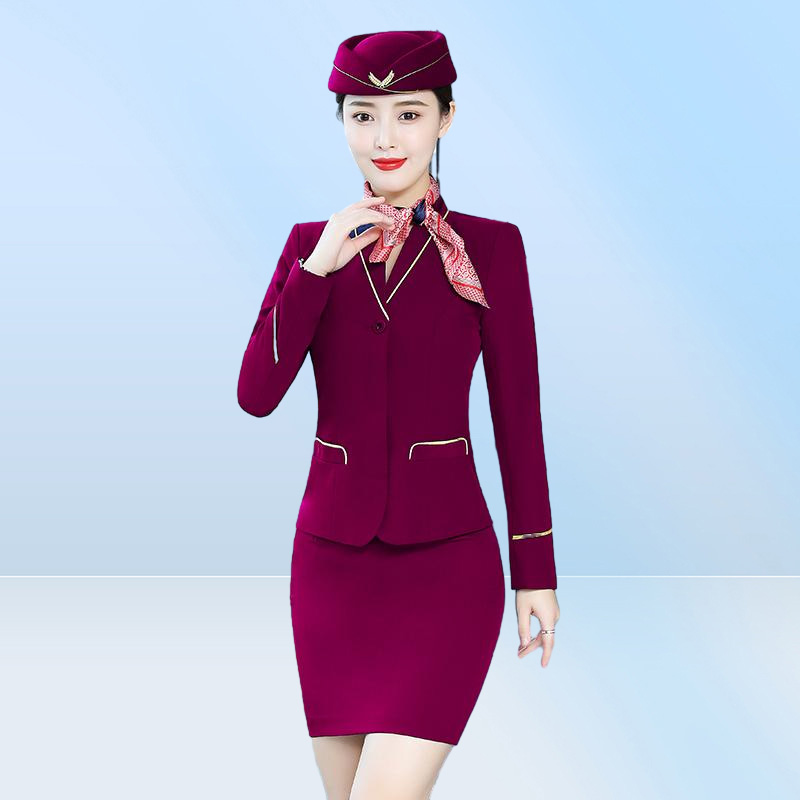 Two Piece Dress Spring Autumn Purple Blazer Set With Skirt ice Suits For Women Airline Stewardess Uniform Work Outfit Elegant 23585344