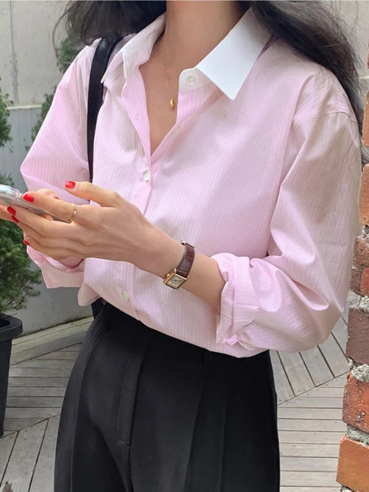 Striped Shirt Women Contrast Color Casual Blouse Female Lapel Long Sleeve Chic Shirts Ladies Fashion Loose Office Spring 240102