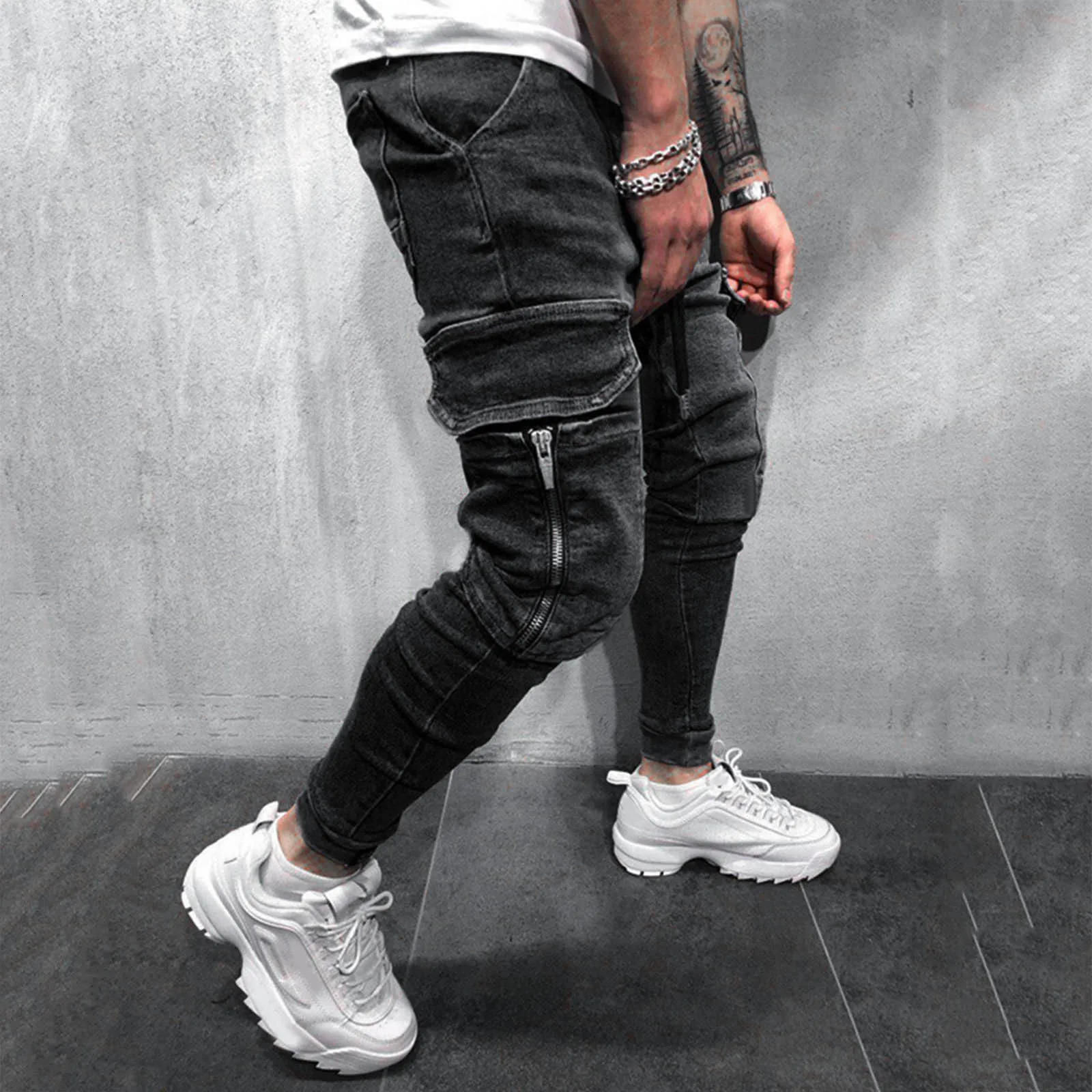 spring summer skinny jeans men hip hop sweatpants cargo high street Mens slim denim long pants 240102