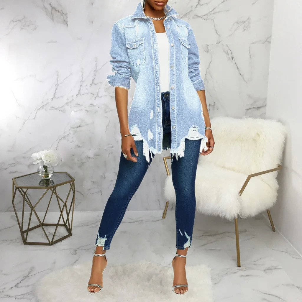 Lady's Denim Jacket Autumn Long Sleeve Loose Sexy Women Jean Coats Summer Washed Ripped Fashion Hole Outwear 240102