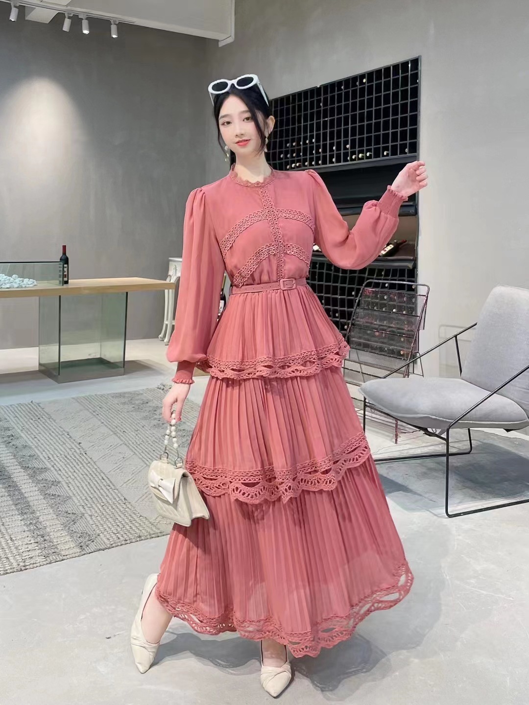 New Elegant Long Dress Woman Lantern Sleeve Ruffles Chiffon Patchwork Runway Vestidos Lady Party Maxi Dress Female Spring 210325