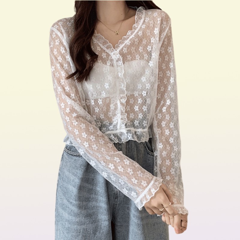 Women Summer Sun Protection Coat Lace Bow Ruffle Cardigan Shirt Female Blouse Tops for Woman Covers Blusa White Y2K Korean Shirt 28050217