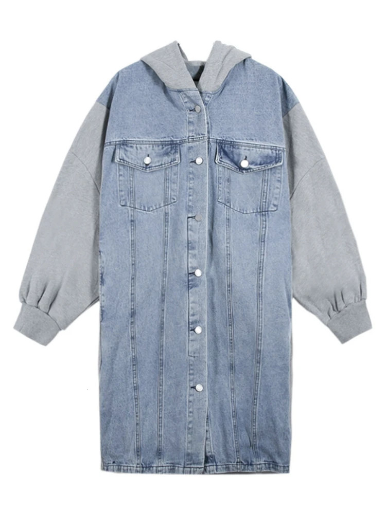 Autumn Winter Jackets for Women 2023 Hooded Single Breasted Patchwork Denim Jacket Long Windbreaker Trench Coat Clothing 240102
