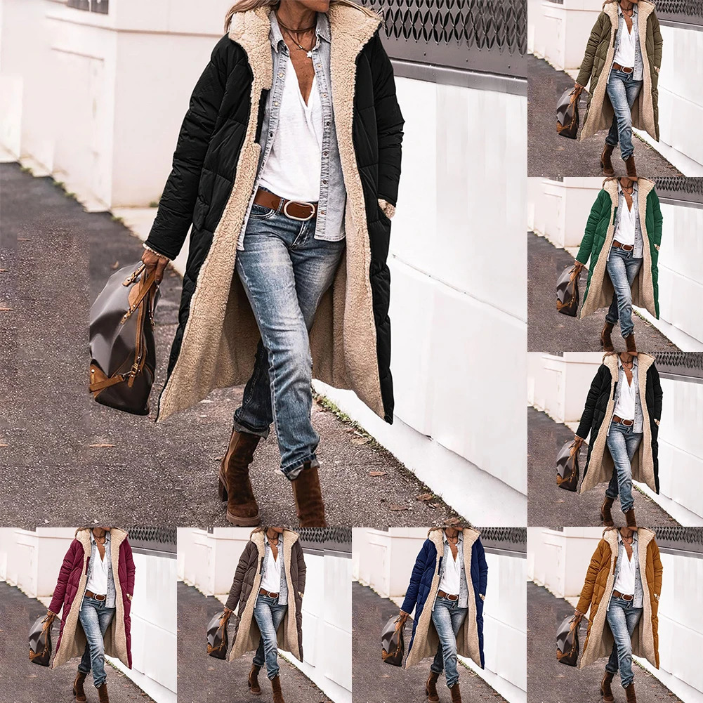 Women Long Winter Padded Jacket Double Sided Hooded Warm Coat Casual Solid Parka Overcoat Loose Elegant Female Thick Outwear 240102