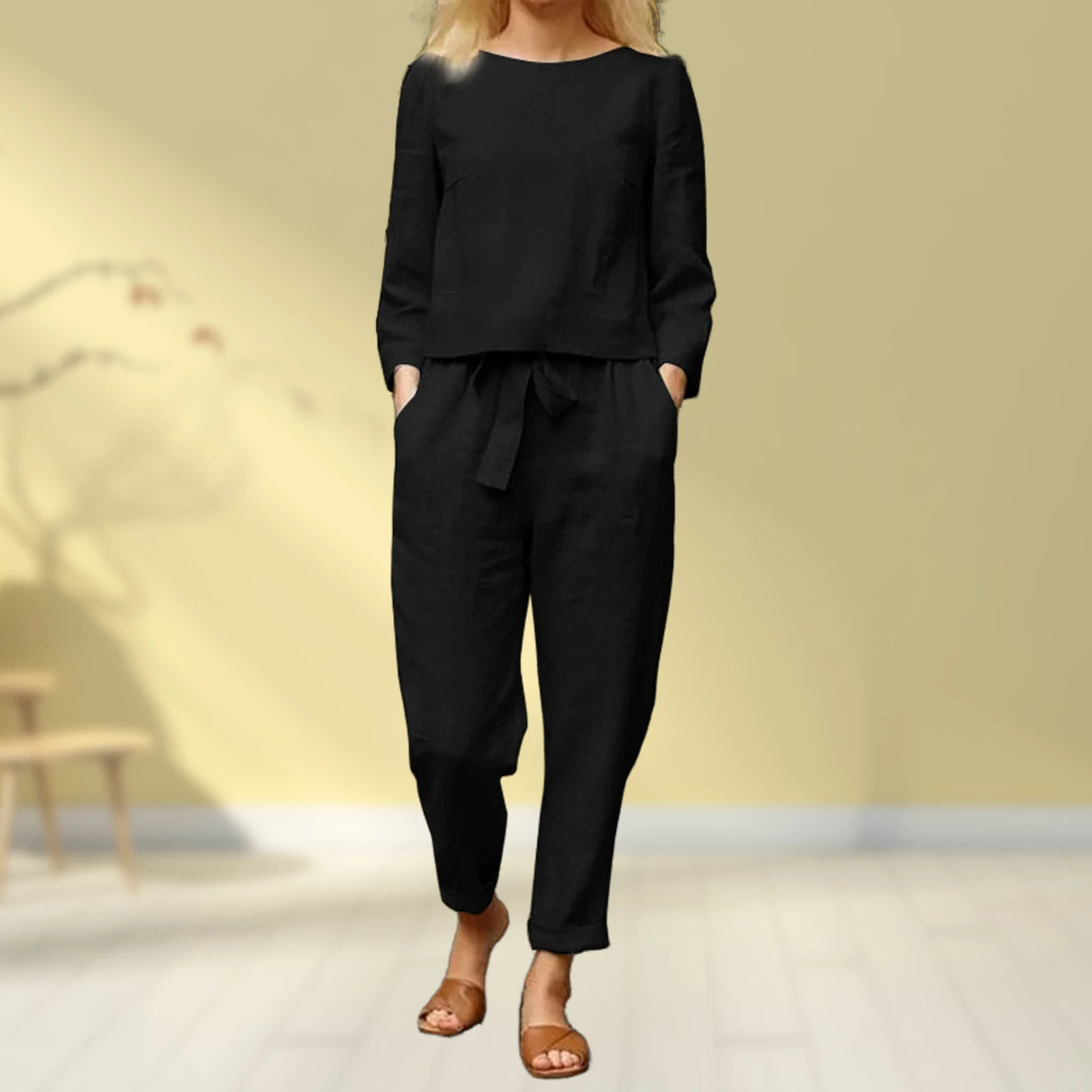Polyester Women Blouse Long Pants with Pocket Sleeve Lounge Trousers Sets Solid Color Elastic Waist Vacation Outfit 240102