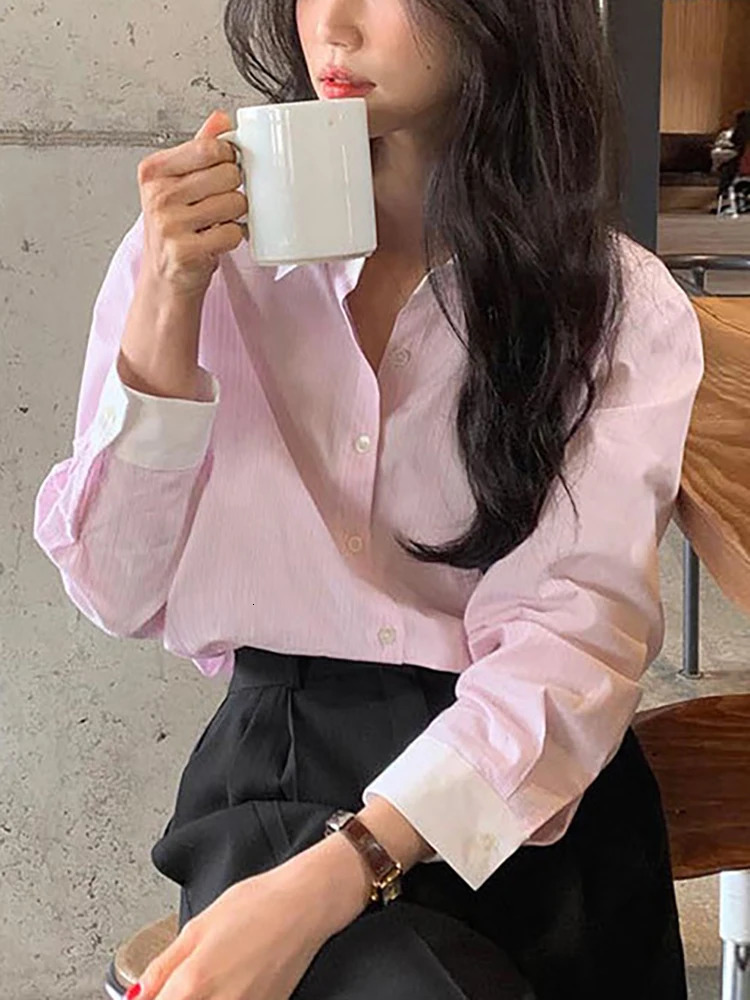 Striped Shirt Women Contrast Color Casual Blouse Female Lapel Long Sleeve Chic Shirts Ladies Fashion Loose Office Spring 240102