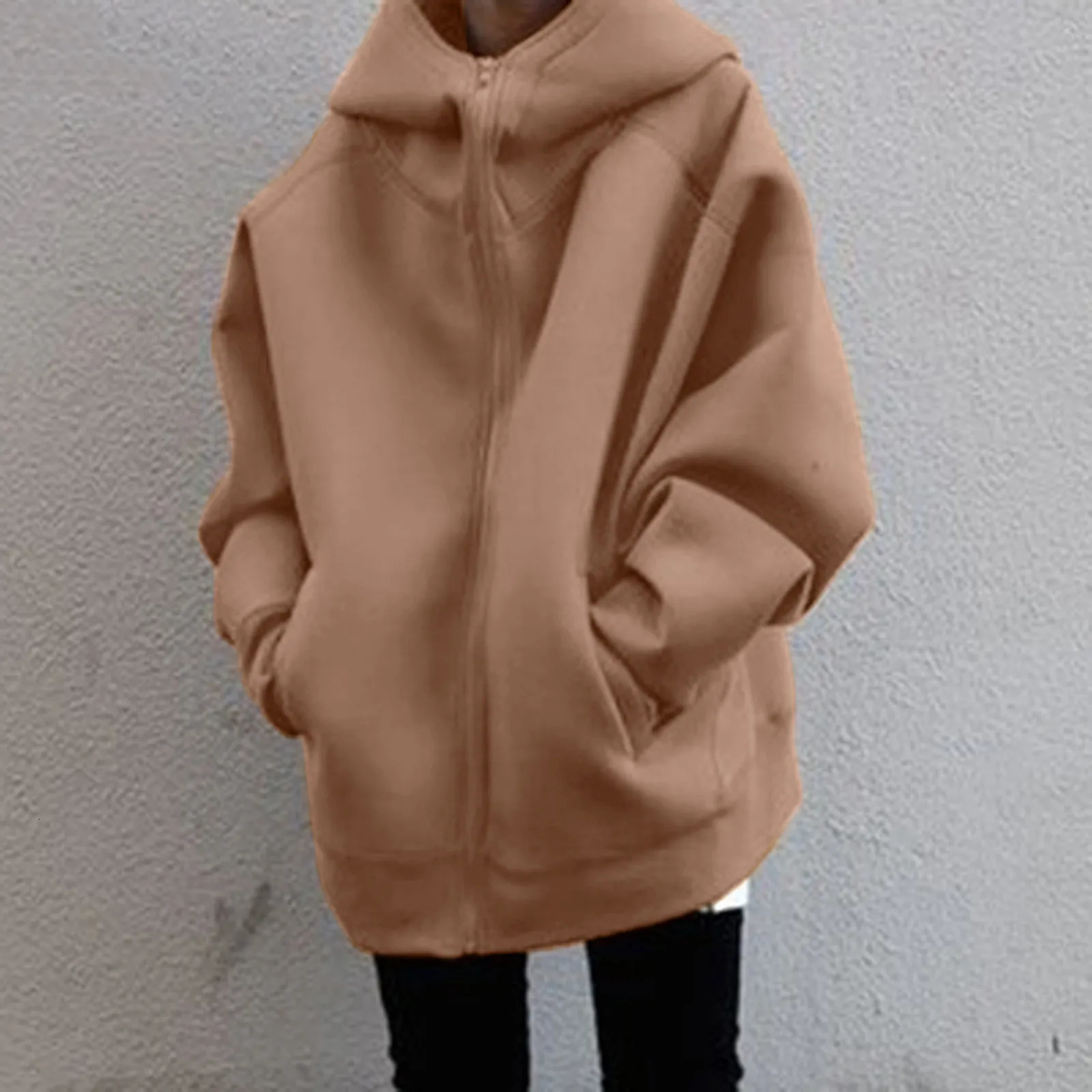 Women Korean Style Hoodies Zipup Harajuku Oversized Solid Pocket Hooded Sweatshirts Autumn Long Sleeve Loose Baseball Jacket 240102