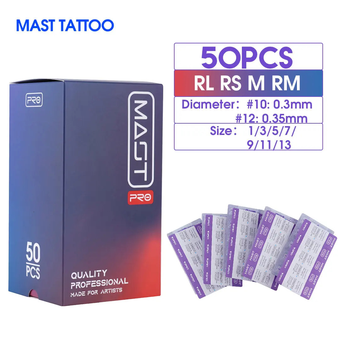 50pcs/Box Mixed Size RL/RS/RM/M Sterilized Mast Tattoo PRO Cartridge Needles Permanent for Tattoo Machine Supply 0.3mm/0.35mm 240102
