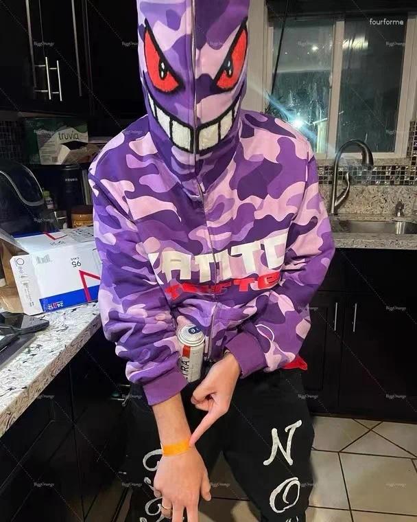Men's Hoodies Monster Face Zip Up Hoodie Harajuku Y2k Winter Sweatshirt Hip Hop Streetwear Men Casual Fashion Pullover Long Sleeves Hooded