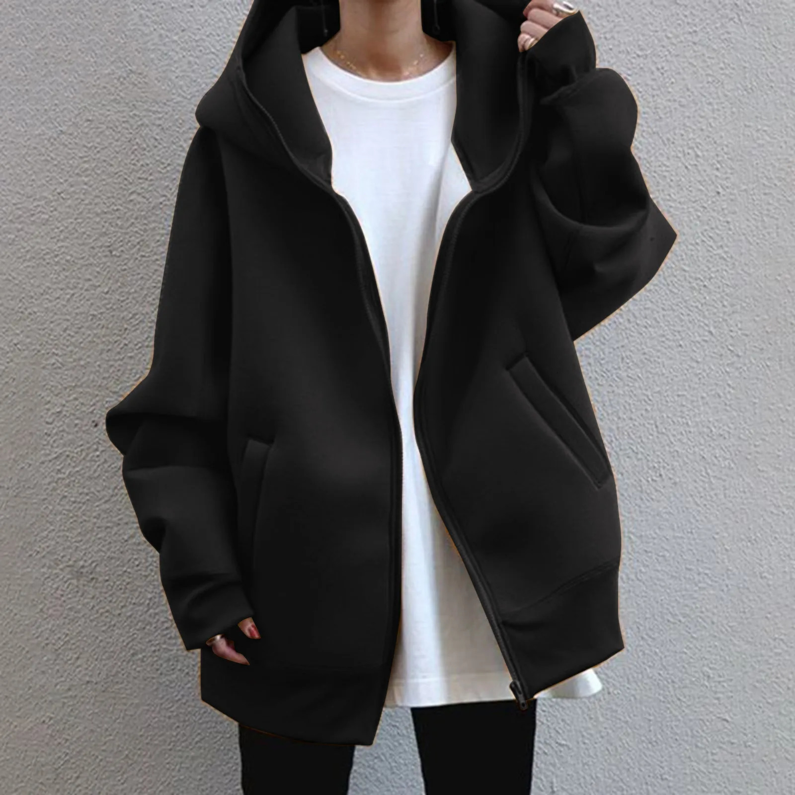 Women Korean Style Hoodies Zipup Harajuku Oversized Solid Pocket Hooded Sweatshirts Autumn Long Sleeve Loose Baseball Jacket 240102