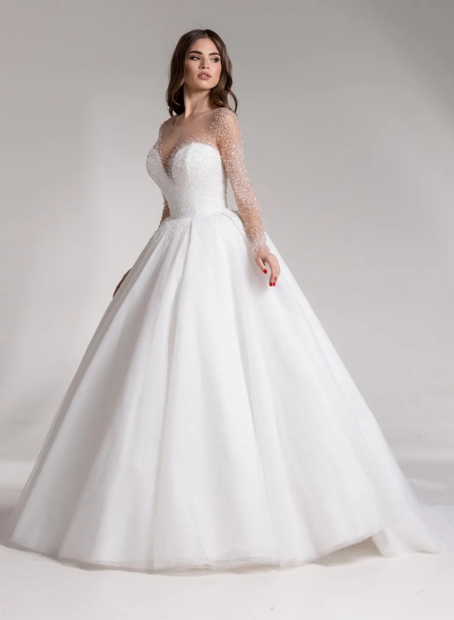 Luxurious Princesse Wedding Dress 2024 Shiny Sheer Neck Beading Crystals Long Sleeves A Line Women Bride Bridal Gowns Vestido De Novias Robe De Mariag