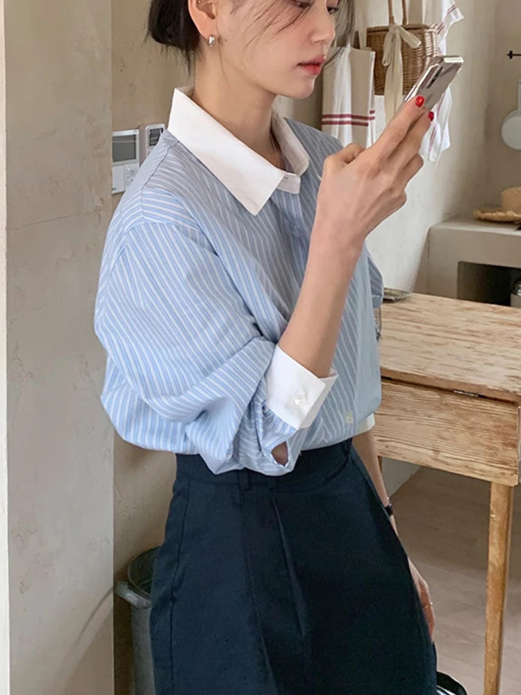 Striped Shirt Women Contrast Color Casual Blouse Female Lapel Long Sleeve Chic Shirts Ladies Fashion Loose Office Spring 240102