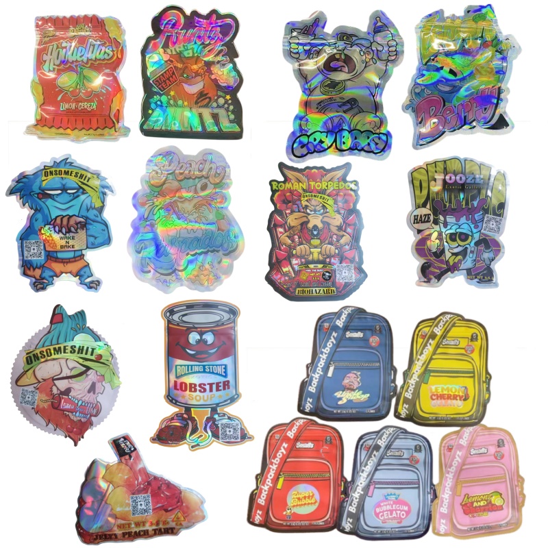 2024 mylar bag die cut irregular shape 3.5 holographic zipper resealable aluminum foil food grade packaging backpack boyz runtz custom print